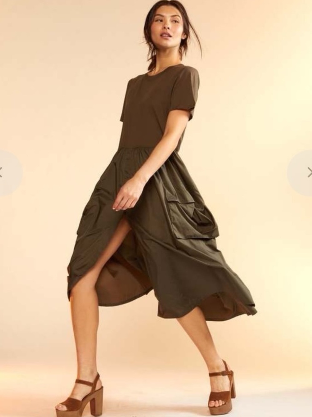 Cynthia Rowley Cargo Combo Tee Dress Olive Green Utility Midi Pockets Small